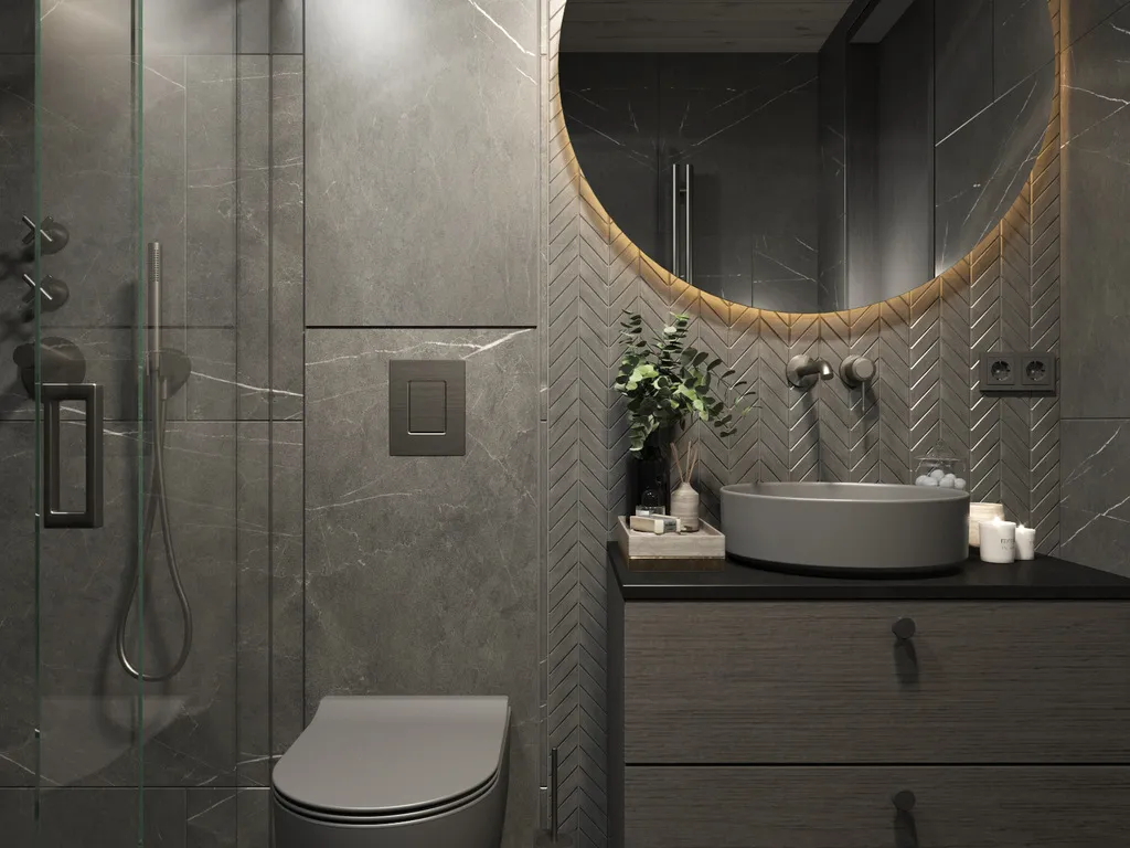 Apartment B13–14, Kvitfjell, Norway: bathroom with glass shower and an illuminated round mirror