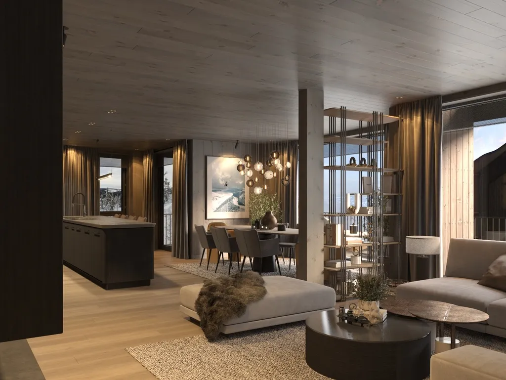 Apartment B13–14, Kvitfjell, Norway: open-plan living room, dining area and kitchen