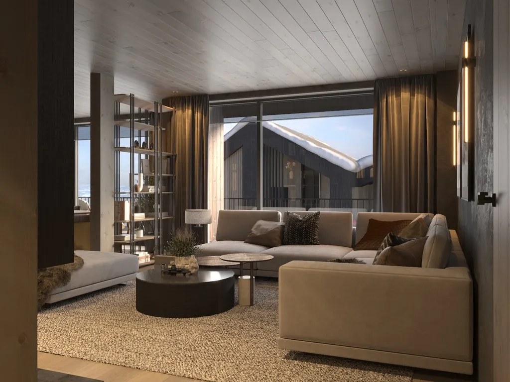 Apartment B13–14, Kvitfjell, Norway: corner sofa beneath a timber ceiling beside large windows